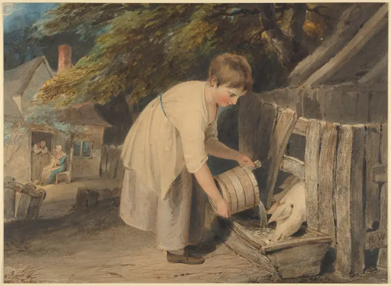 Girl Feeding Pigs av Richard Westall