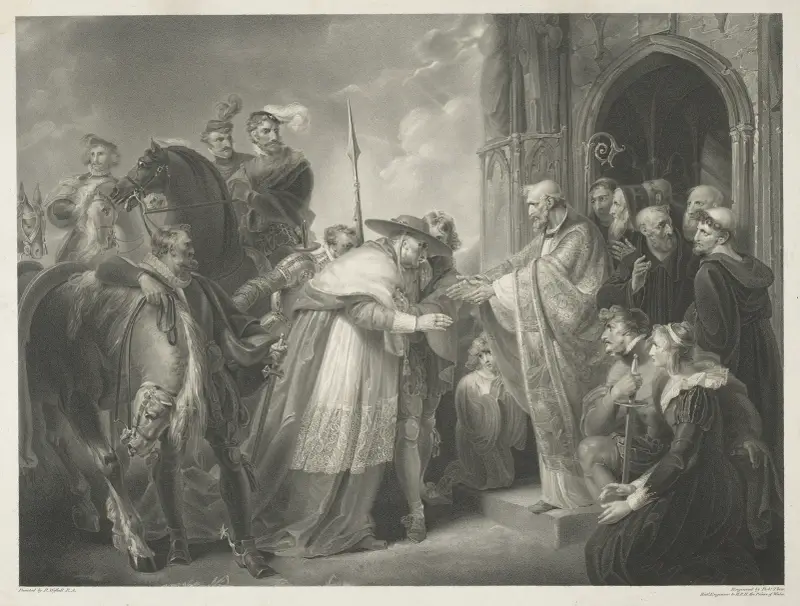 Henry VIII, Act IV, Scene II, Abbey of Leicester. Wolsey, Northumberland, and Attendants, Abbot of Leicester av Richard Westall