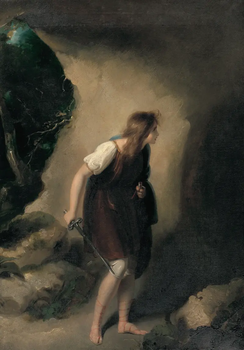 Imogen går in i Belarius grotta (Cymbeline, akt III, scen VI) av Richard Westall
