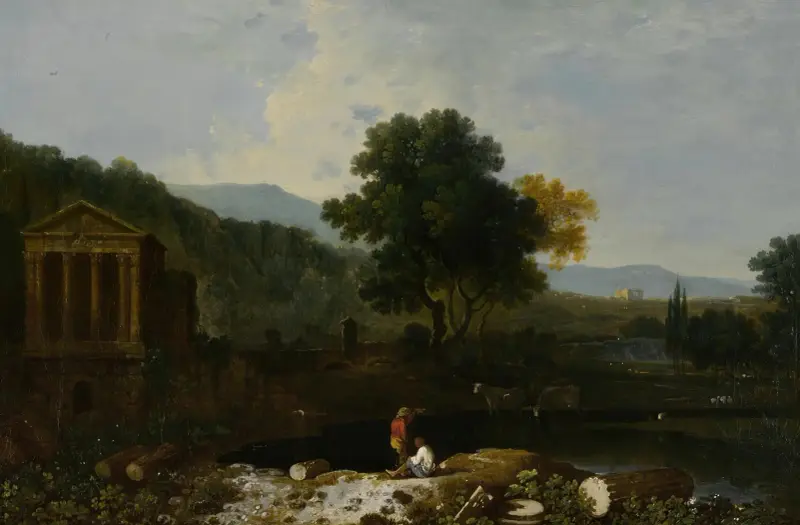 Italiensk flodvy med Clitumnus tempel och ruiner, två figurer och kor av Richard Wilson