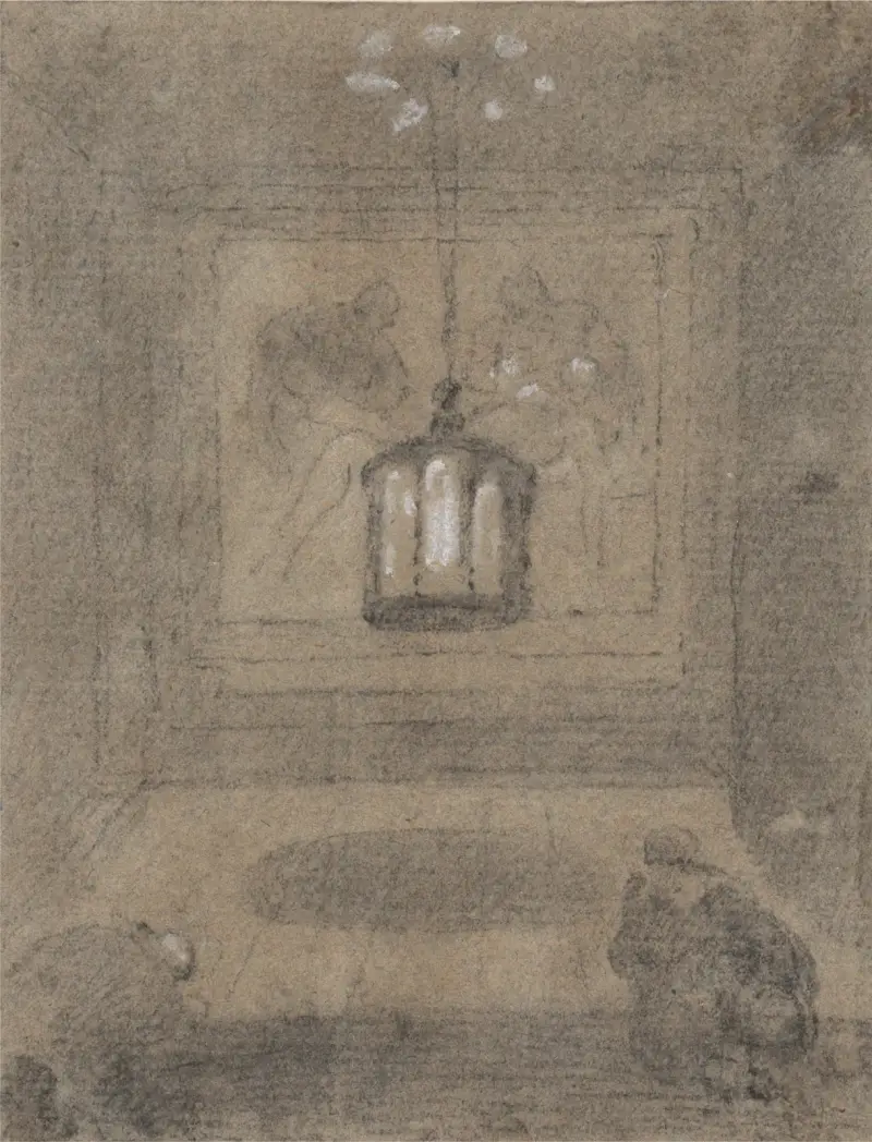 En underjordisk helgedom med två knäböjande figurer framför en pietà av Richard Wilson