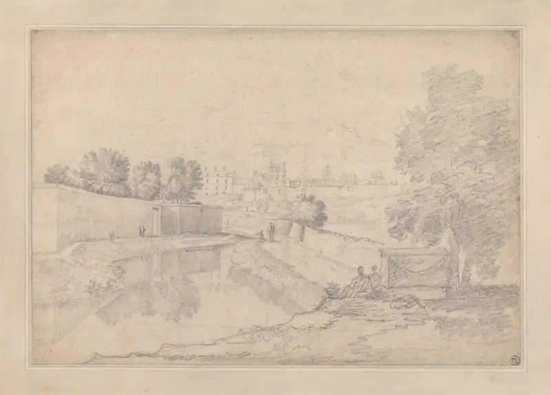 Italian Landscape with River Running Between High Wall at Left and High Bank at Right Towards a Small Town with Figures on the Banks av Richard Wilson