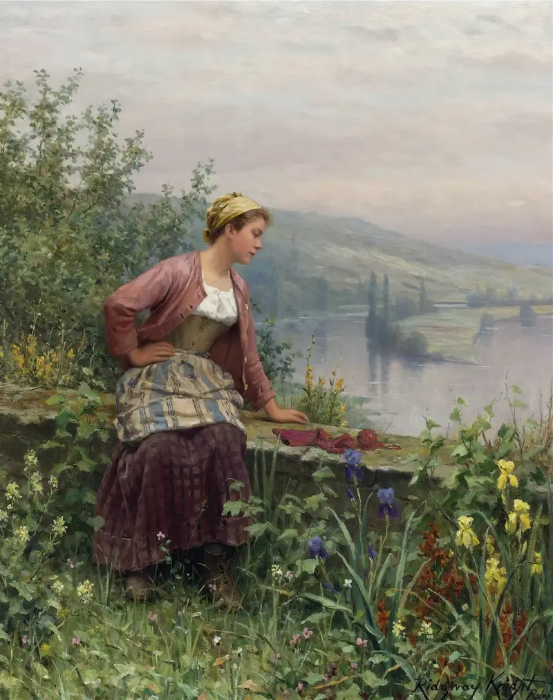 Brittany Girl Overlooking A Stream av Daniel Ridgway Knight