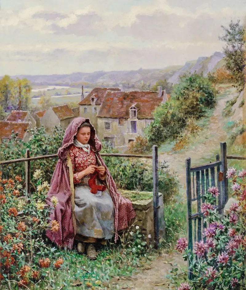 Young Woman Knitting by a Garden Gate av Daniel Ridgway Knight