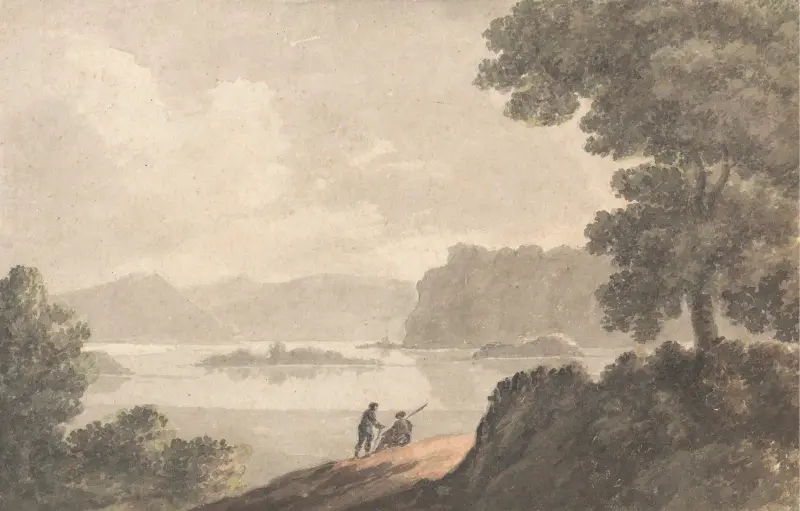Figures in a Lakeside Romantic Landscape av Robert Adam