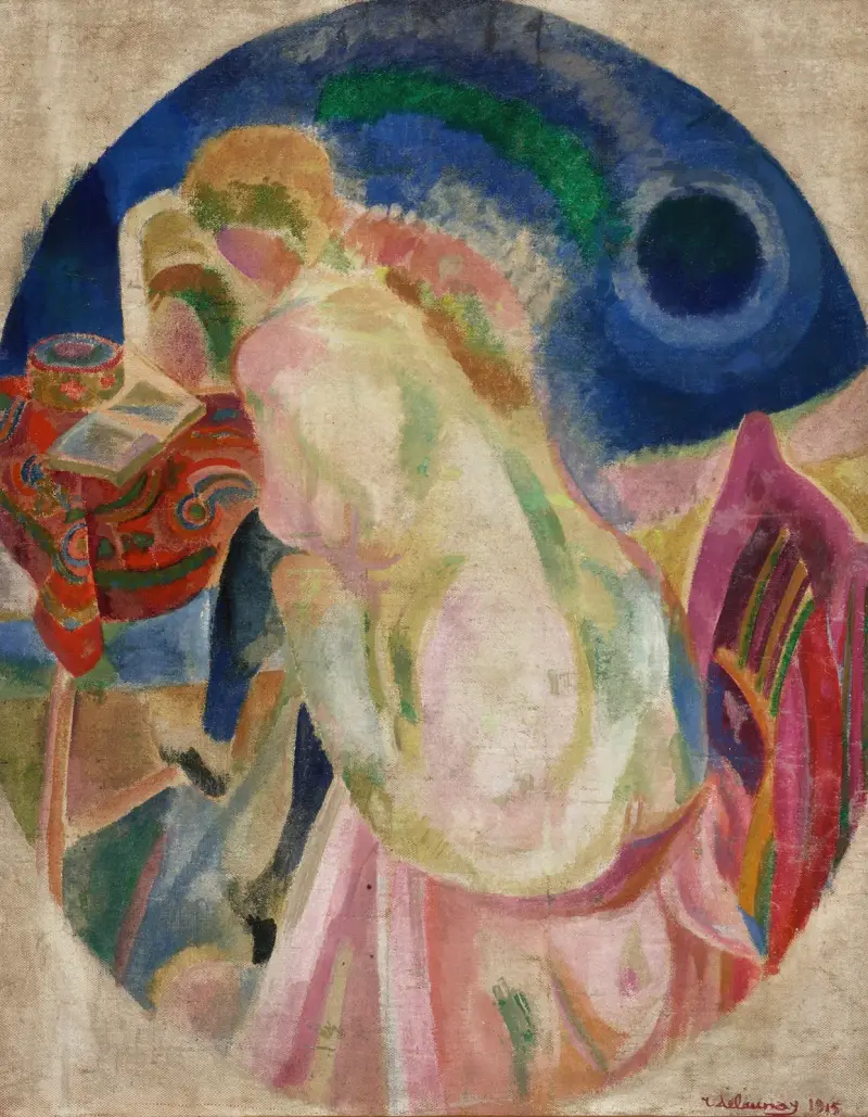 Naken kvinna läsande av Robert Delaunay
