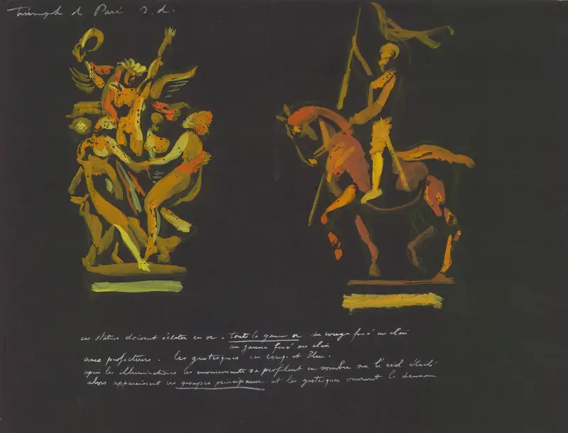 Le Triomphe de Paris – maquette de décor – Illuminations de statues parisiennes – la danse de Carpeaux, la statue équestre de Jeanne d’arc de Frémiet av Robert Delaunay