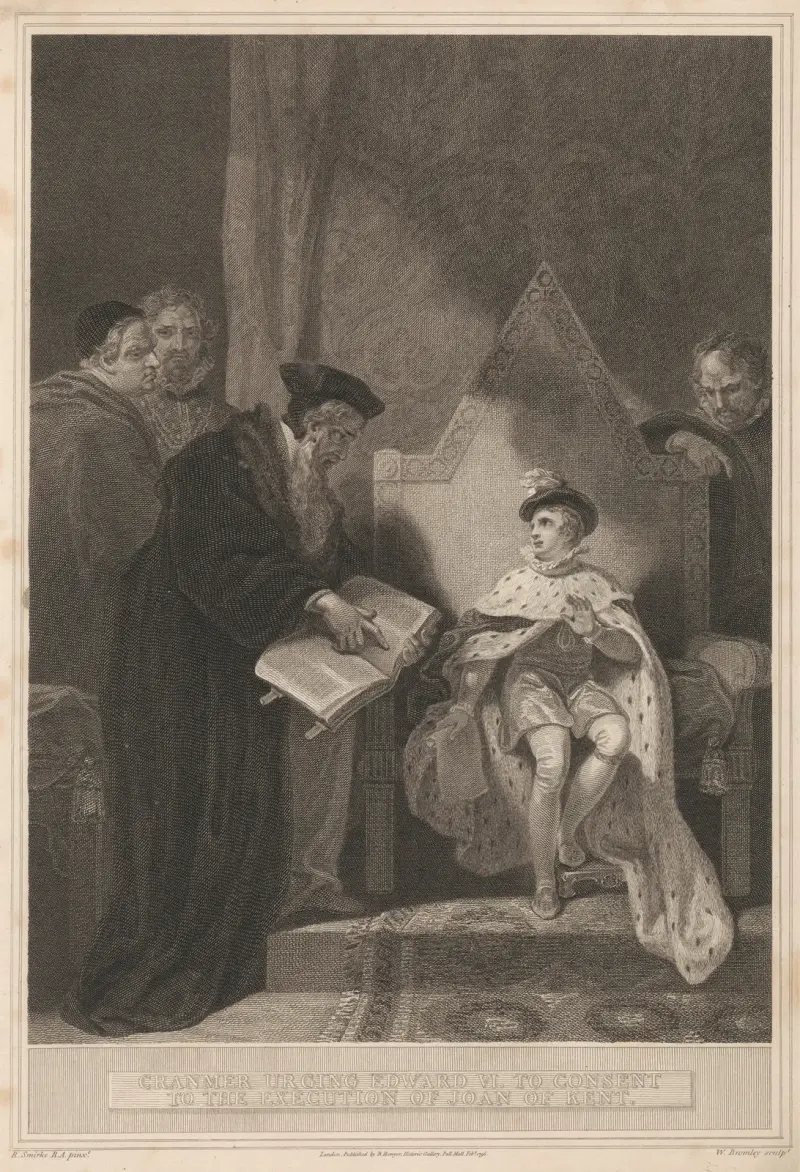 Cranmer uppmanar Edvard VI att samtycka till avrättningen av Joan of Kent av Robert Smirke