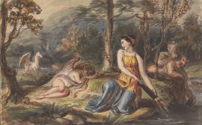 Diana, Goddess of the Hunt, with Satyrs, sleeping Cupid and a Pegasus in a Wooded Landscape av Robert Smirke