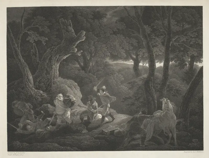 Heinrich IV., Teil I., Akt II., Szene II.: Die Straße bei Gadshill – Prinz Heinrich, Poins, Peto, Falstaff von Robert Smirke