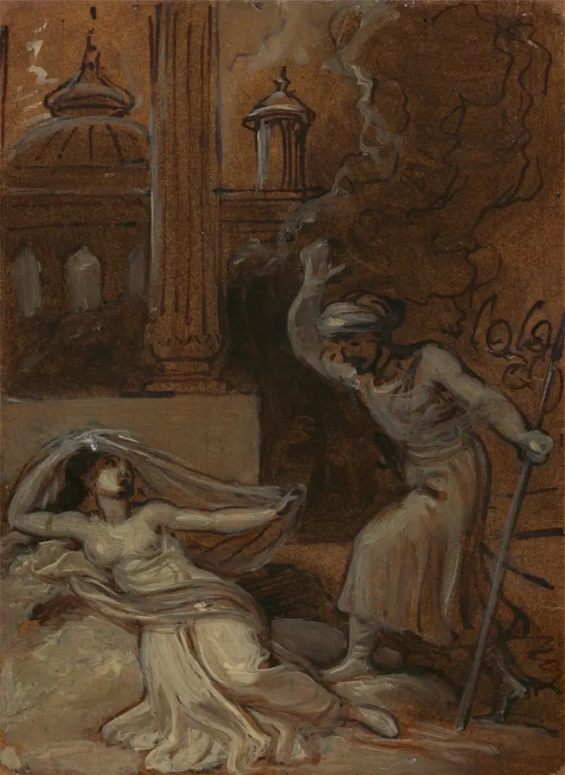 Illustration till en österländsk romans, möjligen 'Tusen och en natt' (med kvinnlig figur liggande till vänster) av Robert Smirke