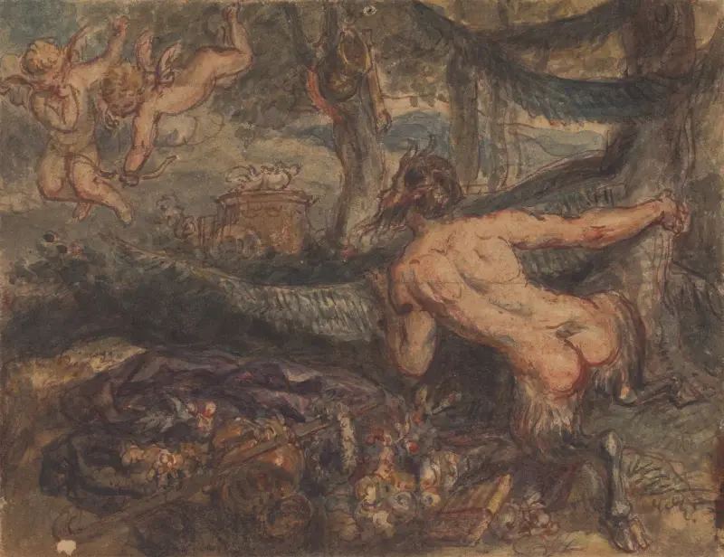 Pan, Spying, From Behind a Tree, at Putti, Shooting Arrows av Robert Smirke