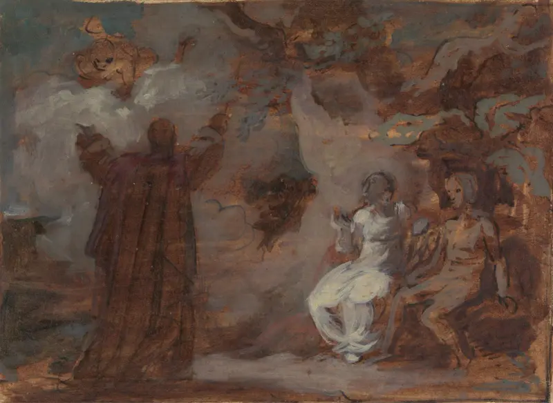 Prospero frammanar en mask för Ferdinand och Miranda av Robert Smirke