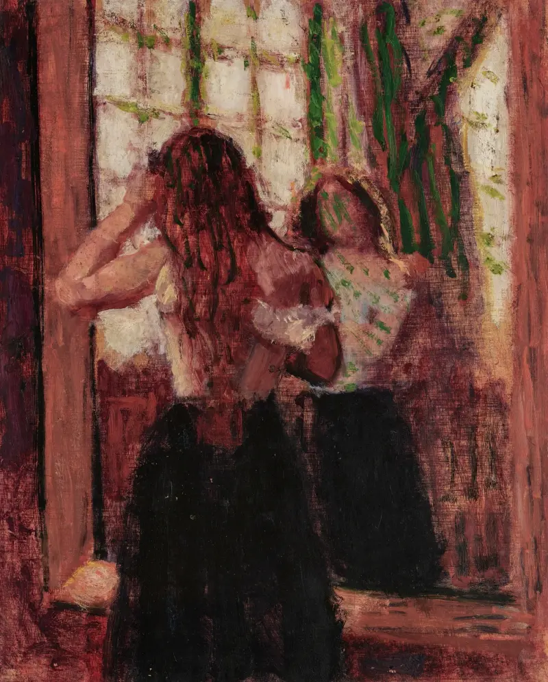 Mädchen, das sich vor einem Spiegel die Haare richtet von Roderic O'Conor
