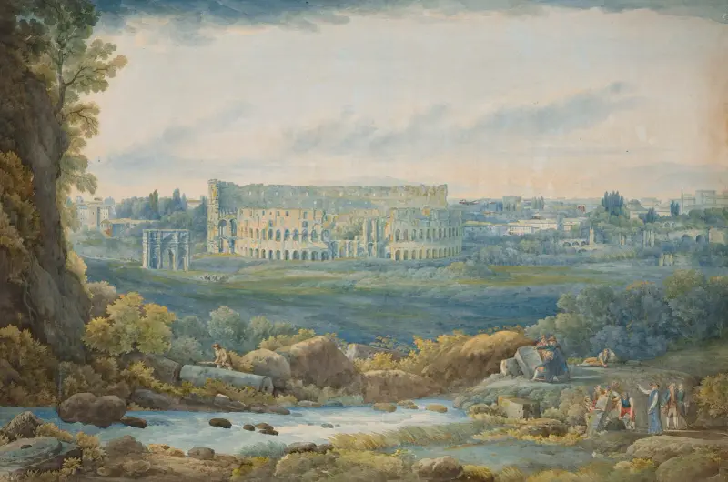Vidsträckt vy över Colosseum och Konstantinbågen, med figurer i förgrunden av Abraham-Louis-Rodolphe Ducros