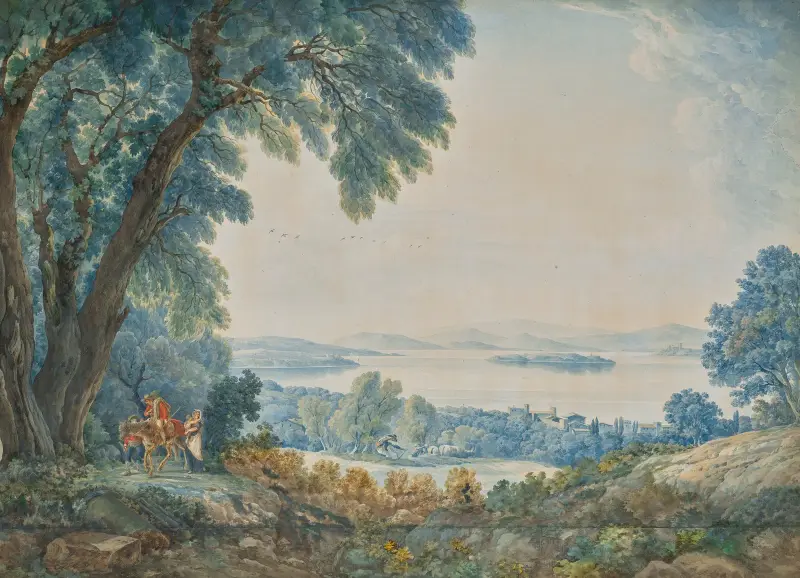 Vidsträckt utsikt med sjö utanför Rom (möjligen Bolsenasjön), med figurer av Abraham-Louis-Rodolphe Ducros