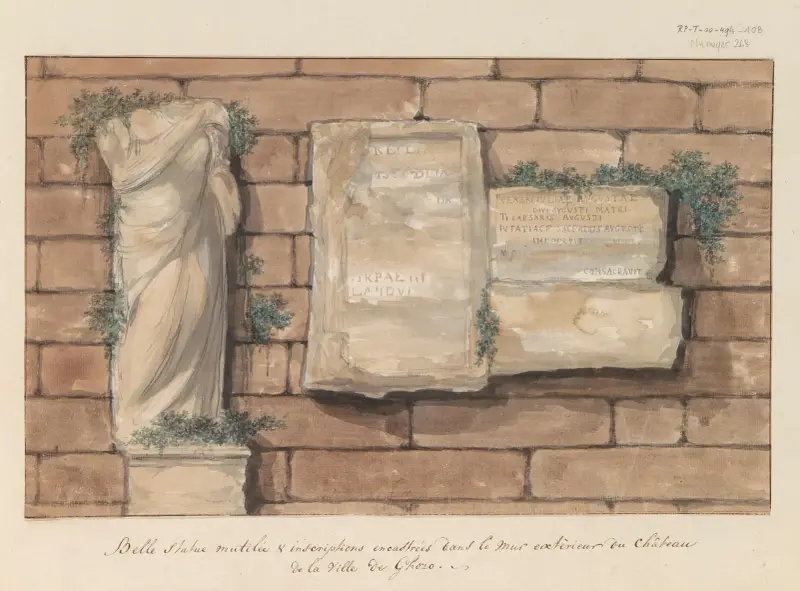 Skadad staty och inskriptioner inmurades i stadsmuren i Gozo av Abraham-Louis-Rodolphe Ducros
