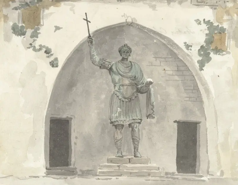 Bronzen beeld van keizer op het marktplein van Barletta av Abraham-Louis-Rodolphe Ducros
