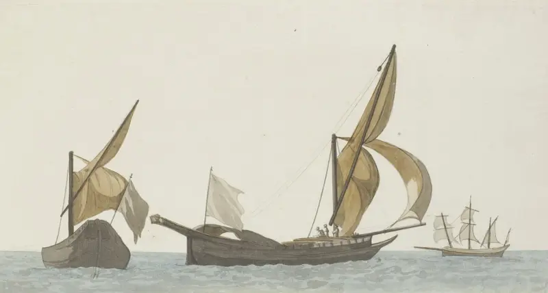 Tre skepp; två spéronares från Scilla och en tartanes av Abraham-Louis-Rodolphe Ducros