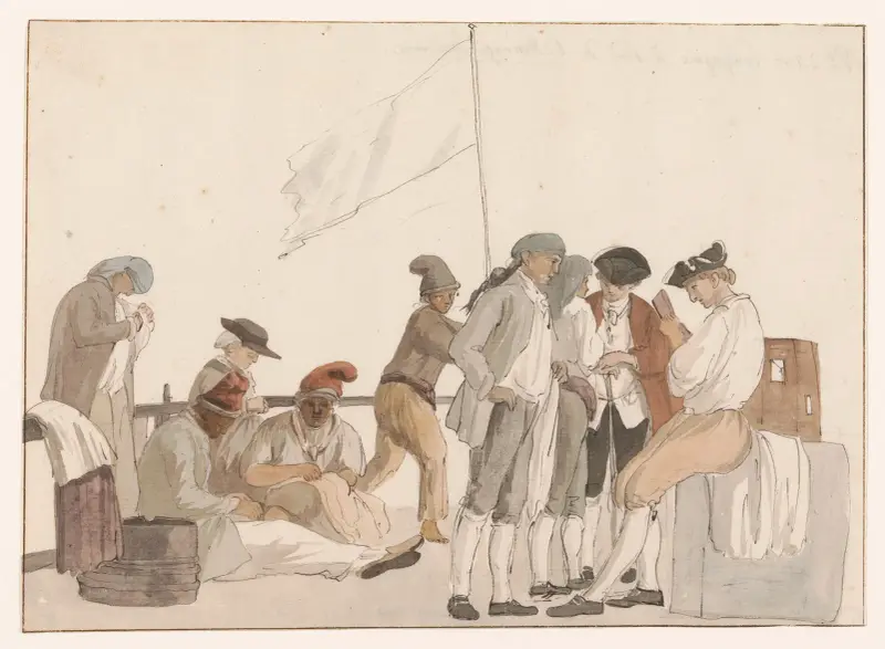 Sällskap ombord på skeppet l’Heureuse Marianne av Abraham-Louis-Rodolphe Ducros
