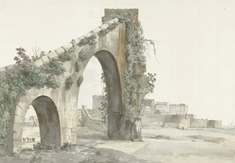 Gezicht op aquaduct en de stad Tarente av Abraham-Louis-Rodolphe Ducros