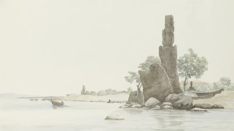 Gezicht op Cap Acurasi en resten van oude toren aan middeleeuwse route tussen Taormina en Catanië av Abraham-Louis-Rodolphe Ducros