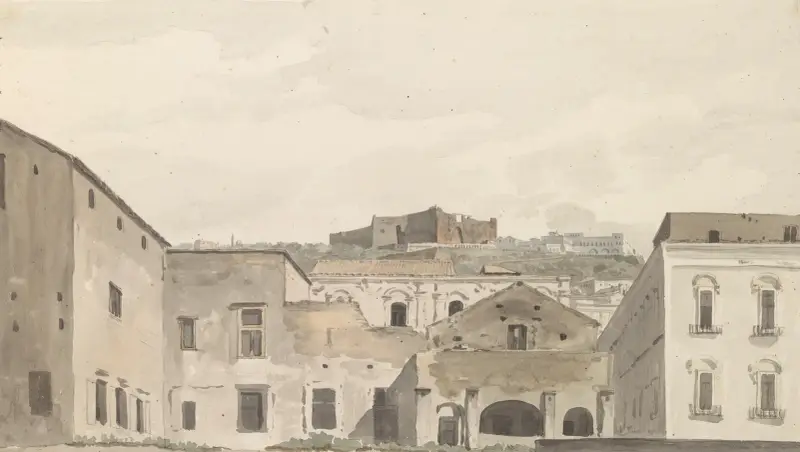 Vy över Castel Sant'Elmo och klostret från Chiaja av Abraham-Louis-Rodolphe Ducros