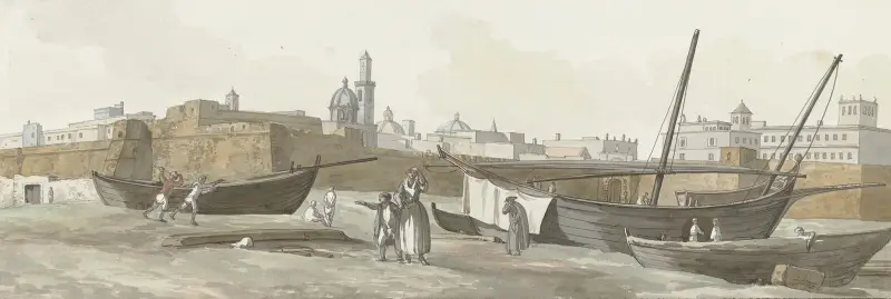 Vy över hamnen i Bari från söder av Abraham-Louis-Rodolphe Ducros