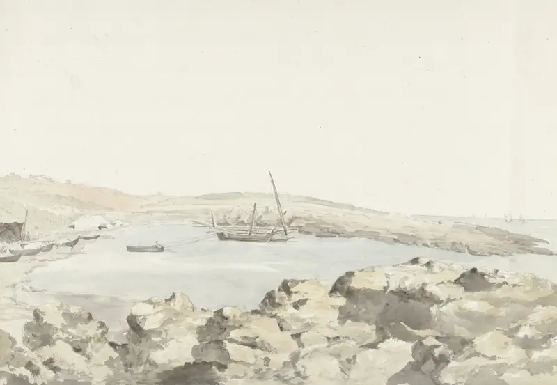 Gezicht op de haven van Luogo Vivo av Abraham-Louis-Rodolphe Ducros