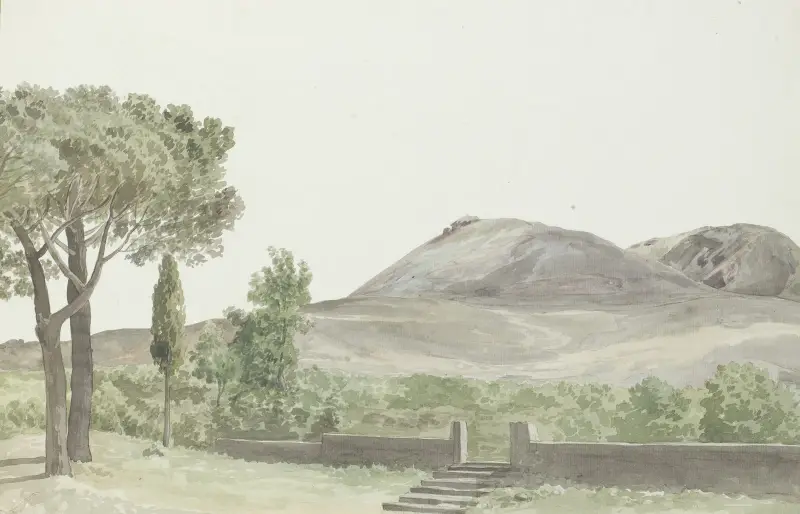 Utsikt över Monto Rosso vid klostret San Nicolo d’Arena nära Nicolosi av Abraham-Louis-Rodolphe Ducros