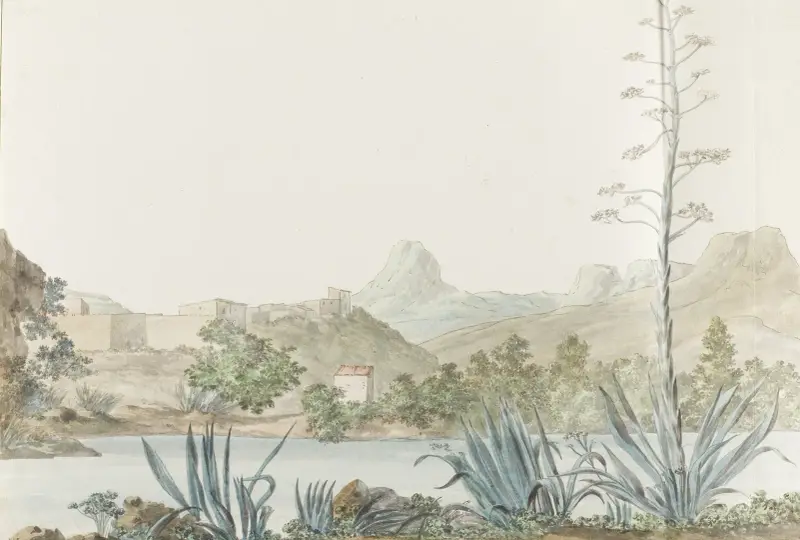 Gezicht op de rivier Platani en Agrigento in Palermo av Abraham-Louis-Rodolphe Ducros