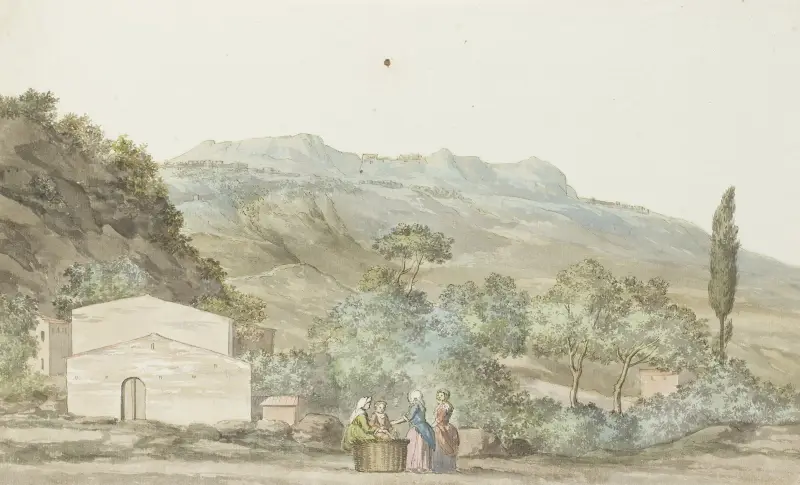 Vy över staden och teatern i Taormina från balkongen på värdshuset i Giardini av Abraham-Louis-Rodolphe Ducros