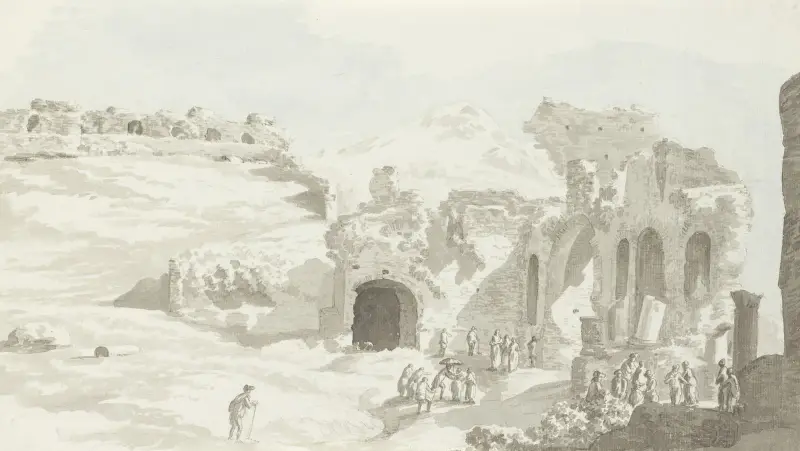 Vy över en del av scenen och muren bakom i Taorminas teater av Abraham-Louis-Rodolphe Ducros