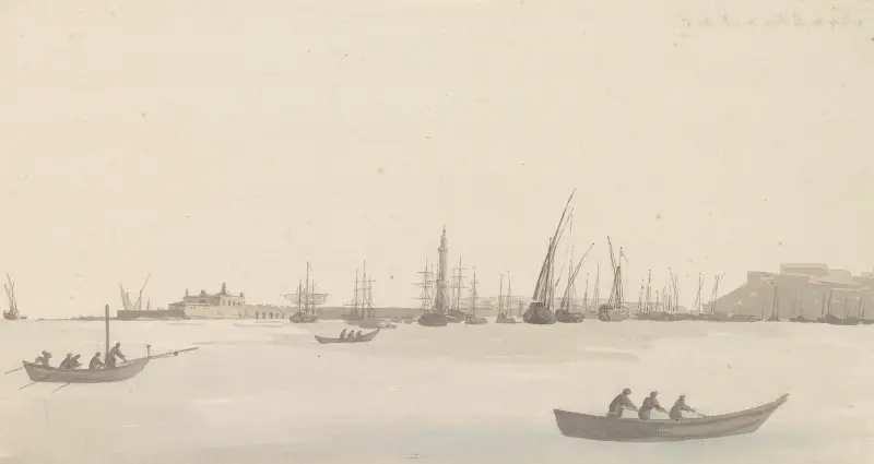 Gezicht op Golf van Napels vanaf kade bij kerk Santa Maria del Carmine av Abraham-Louis-Rodolphe Ducros