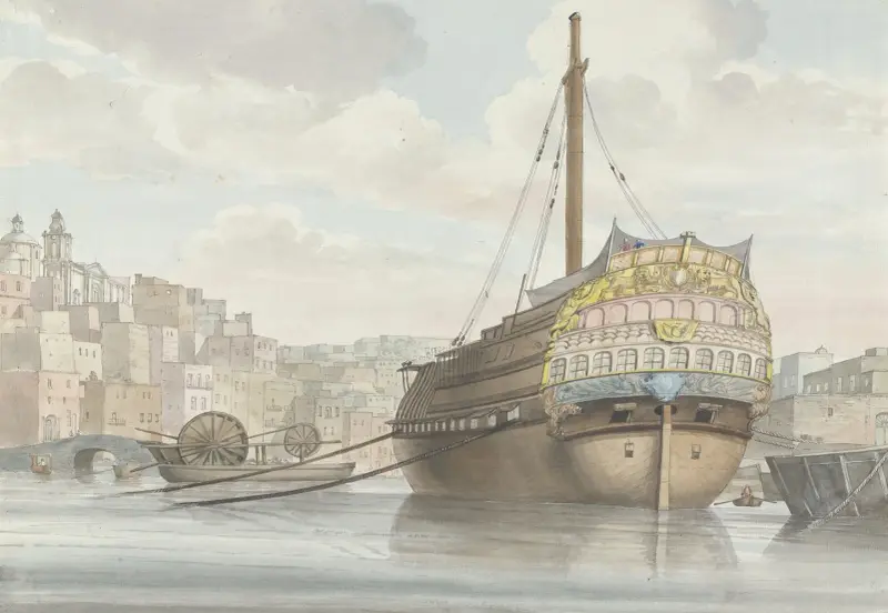 Vy över hamn med galärfartyg nära varvet av Abraham-Louis-Rodolphe Ducros