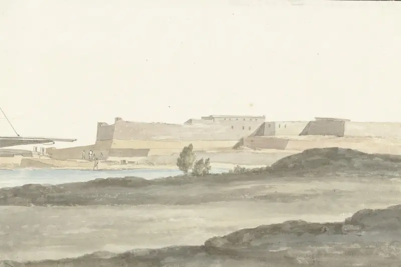 Gezicht op het kasteel in de haven van Barletta av Abraham-Louis-Rodolphe Ducros