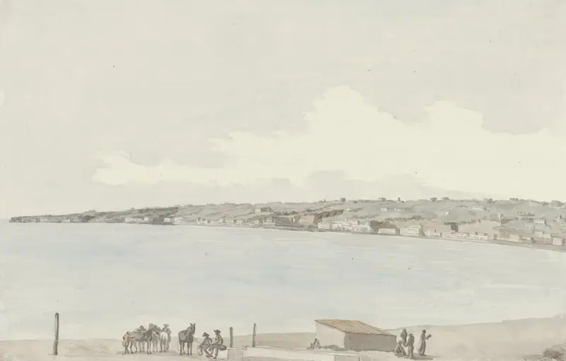 Gezicht op het voorgebergte Pausilype met oude paleis van koningin Jeanne en platteland van Sannazar vanaf het balkon van de herberg av Abraham-Louis-Rodolphe Ducros