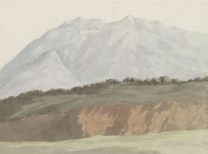 Gezicht op kartuizerklooster van Monte Vergine hoog gelegen boven Avellino av Abraham-Louis-Rodolphe Ducros