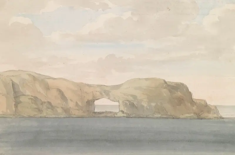 Vy över klippa med hål på lilla ön Cumina vid Gozo av Abraham-Louis-Rodolphe Ducros