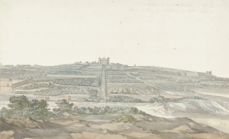 Utsikt mot Vedala, stormästarens palats i Boschetto på Malta av Abraham-Louis-Rodolphe Ducros
