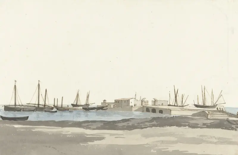 Haven van Barletta met schepen av Abraham-Louis-Rodolphe Ducros