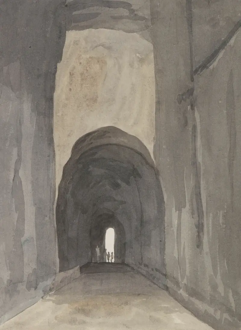 Ingang van grot Crypta Neapolitana (of Grotta di Posillipo) aan de kust van Pozzuoli av Abraham-Louis-Rodolphe Ducros