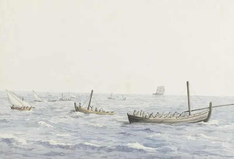 Koraalvissers voor de kust van Sicilië ter hoogte van Terra Nuova av Abraham-Louis-Rodolphe Ducros
