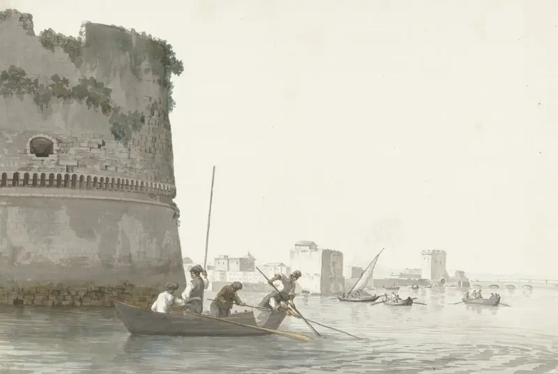 Mosselvissers op Mare Piccolo bij de vestingwerken van Tarente av Abraham-Louis-Rodolphe Ducros