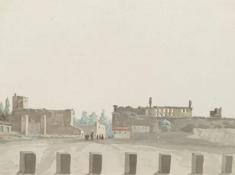 Oude paleis van koningin Jeanne bij het verlaten van Napels via de Porta Capuana av Abraham-Louis-Rodolphe Ducros
