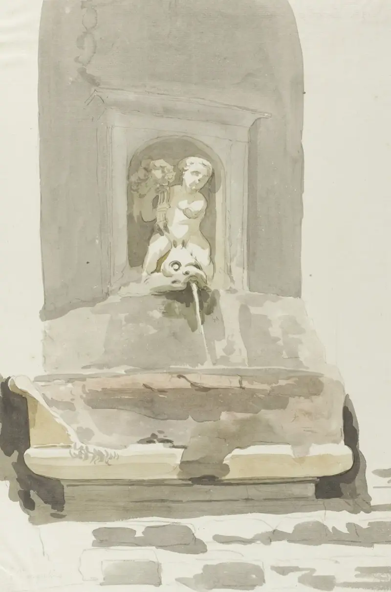 Oude sarcofaag als fontein in Messina av Abraham-Louis-Rodolphe Ducros
