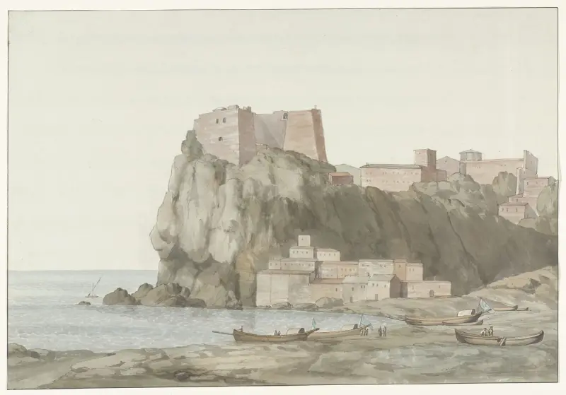 Rots en stad Scilla in de regio Calabrië aan de westkust av Abraham-Louis-Rodolphe Ducros