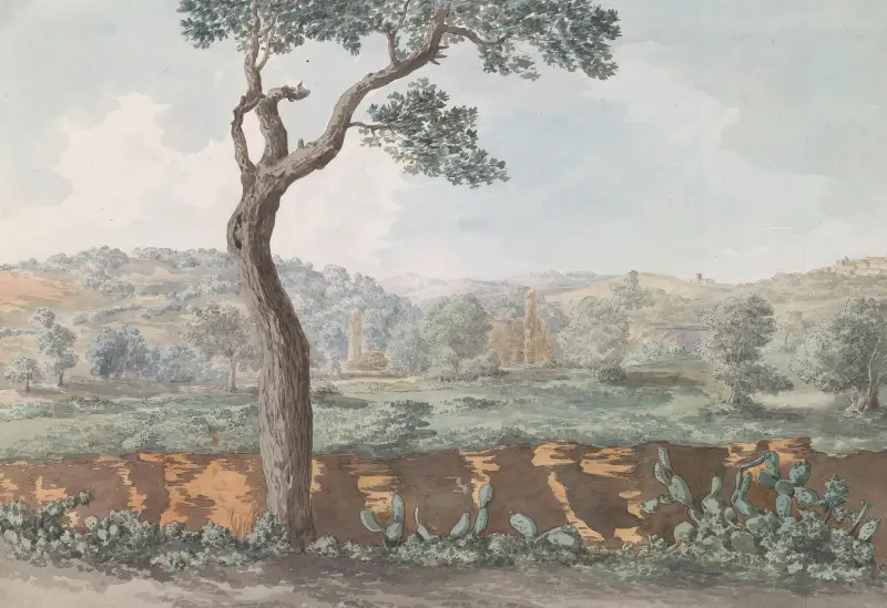 Ruïne van Castor en Pollux tempel binnen muren van oude Agrigento av Abraham-Louis-Rodolphe Ducros