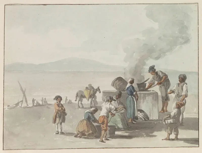 Smelten van teer te Chiaja, Napels av Abraham-Louis-Rodolphe Ducros