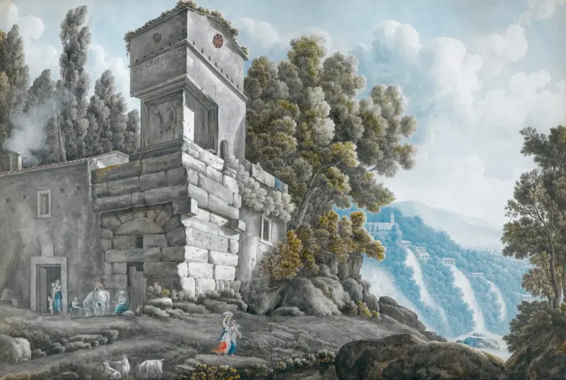 Vy över en villa vid vattenfallen i Tivoli, med figurer nedanför av Abraham-Louis-Rodolphe Ducros